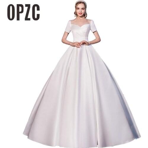 New Fashion Simple Beautiful Off shouder Stain Wedding Dress Short Sleeve O-Neck with Bow Plus size Vestido De Noiva Bride