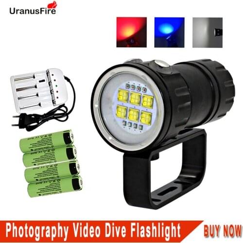 Uranusfire Powerful LED Diving Flashlight 18650 XPE 9090 20000lm Light Torch Waterproof Photography Video Dive scuba lamp