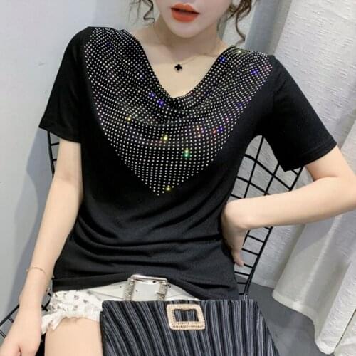 European Summer New Flashing Diamond Sexy V-neck Heavy Drilling Pure Cotton Short-sleeved T-shirts Women Tops Fashion Streetwear