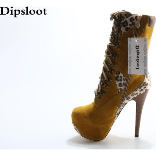 New Women Sexy 16 cm High Heels Leopard Print Martin Boots Round Toe Lace-up Platform Shoes Winter Ankle Boots Booties Mujer