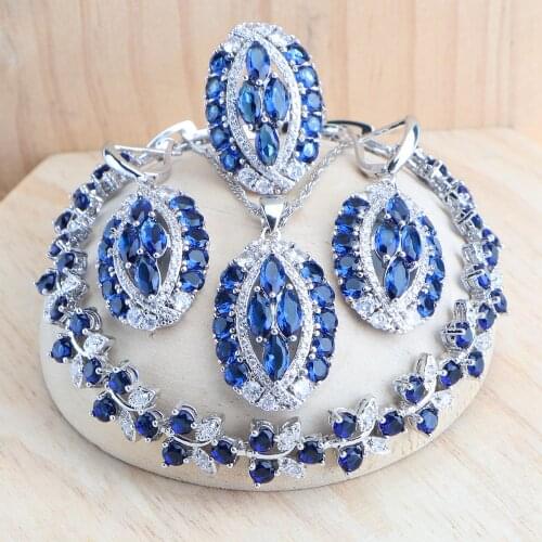 Silver 925 Bridal Jewelry Sets Blue Zircon Costume Jewellery Wedding Rings Earrings Pendant Bracelets Necklace Set For Women