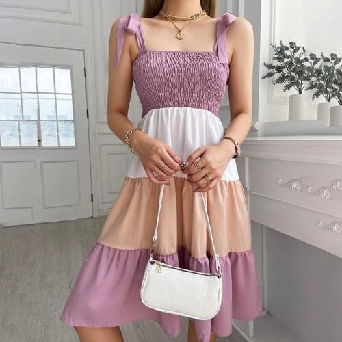 New Summer Holiday Colorblock Knot Shoulder Ruched Bust Sleeveless Knee Womens Vest Dress Fairy Sexy Pink Beach Streetwear Robes