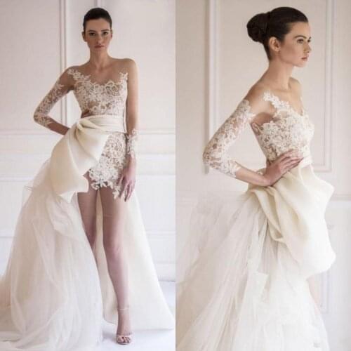 2021 Stunning Maison Yeya Beach Wedding Dresses Sheer Bateau Illusion Long Sleeve Lace/Tulle Bridal Gowns High-low Wedding Dress