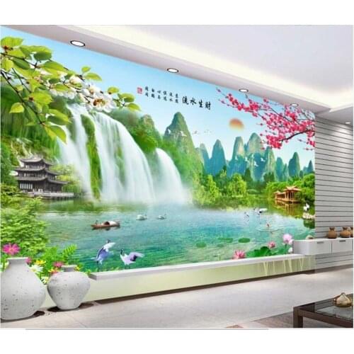 Custom photo 3d wallpaper Chinese flowing water waterfall flowers landscape home decor 3d wall mural wallpaper for living room