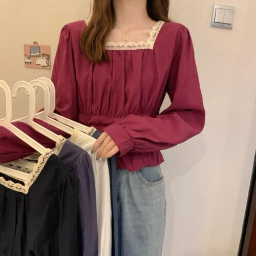 Women Blouse Womens Autumn Clothing Square Collar Shirt Lace Stitching Long Sleeve Top for Women Blusas Ropa De Mujer
