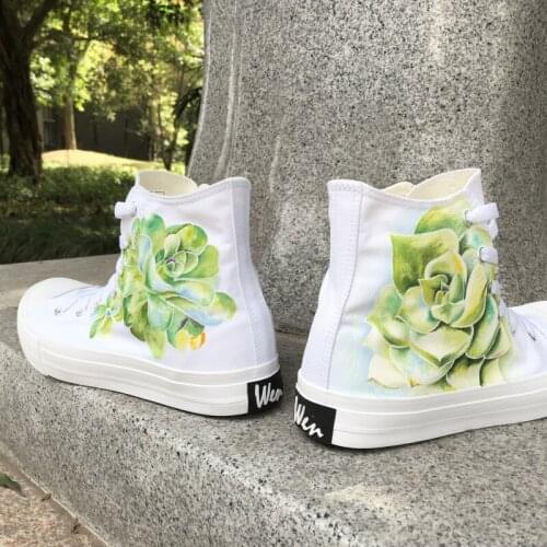 Wen Hand Painted Custom Shoes Succulent Plant Designs Canvas Sneakers Unisex High Top White Boy Girls Skateboarding Shoes