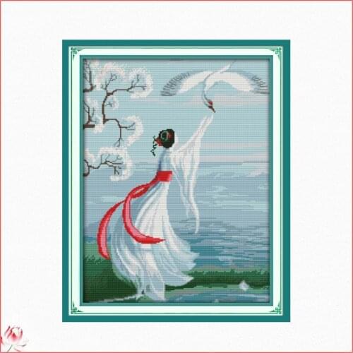 Joy Sunday White Crane Chinese Cross Stitch Kits Ecological Cotton Stamped Printed 14 11CT DIY Easy To Use Home Decoration
