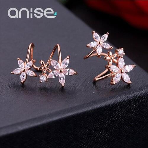Anise Classic Flower Stud Earrings Small Flowers Bending Radian Winding Ear Cubic Zircon Earrings Women Girl Fashion Jewelry