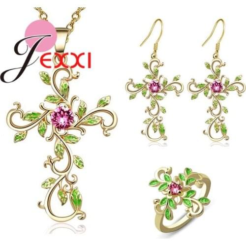 Romantic Spring Image Jewelry Set For Women Girls Top Quality Pendant Necklace Hoop Earrings Adjustable Rings Drop shipping