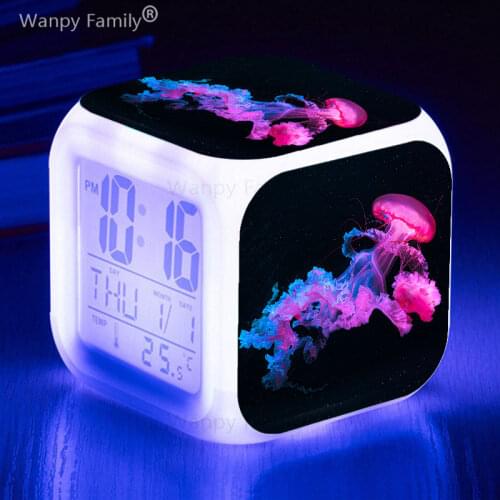 Pretty Jellyfish Alarm Clock 7 Color Luminous Digital Alarm Clock LED Big screen Display Time Touch Sensing Electronic Clock