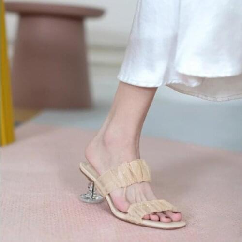 2021 summer new womens special-shaped with sequined cloth mid-heel open-toe all-match thick heel sandals and slippers