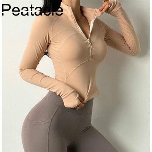 Peatacle Tight-fitting Yoga Clothes Womens Quick Dry Running Training Sports Shirt Long Sleeve Slim Fitness T-shirt Zipper