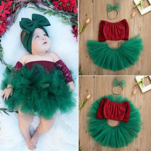 Infant Baby Girls Princess Christmas Clothes Lace Patchwork Top+Tutu Skirt + Lovely Bowknot Fashion Xmas Outfit