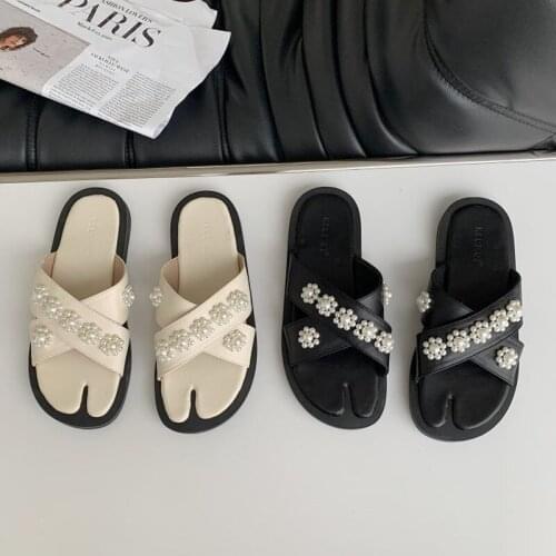 String Bead flower slippers women sandals summer beach shoes female flip flops fairy pearl split toe slides pantoufles de femmes