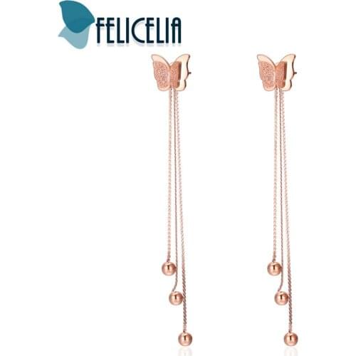 Felicelia Stainless Steel Rose Gold Tone Butterfly Dangle Earrings For Women Girl Long Tassel Earrings Elegant Statement Jewelry
