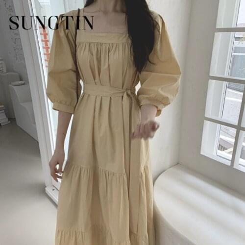 Sungtin Square Collar Long Dress for Women Sashes Vintage Korean Chic A Line Dresses Summer Puff Sleeve Vestido De Mujer 2021