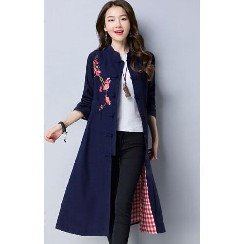 Long Cotton Linen Trench Coat Women 2021 Fashion Spring Autumn New Womens Clothing Vintage Embroidery Floral Loose Windbreaker