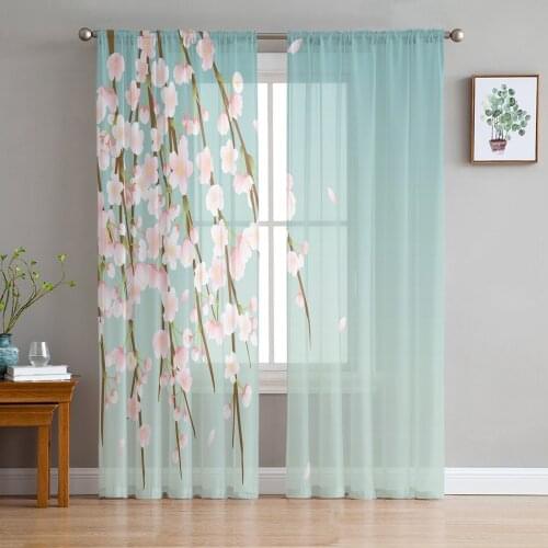 Asian Pink Cherry Blossom Window Treatment Tulle Modern Sheer Curtains for Kitchen Living Room the Bedroom Curtains Decoration