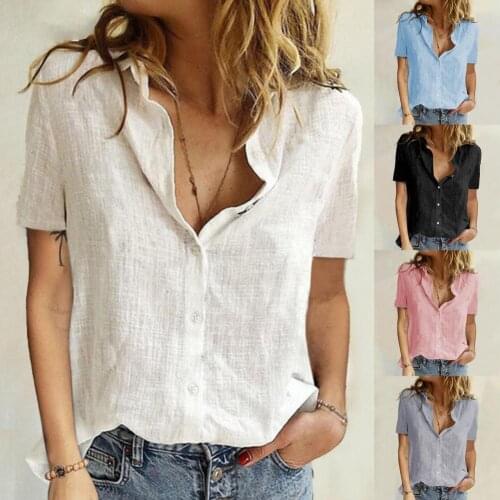 Women Shirt Solid Color Turn Down Collar Short Sleeve Single-breasted Blouse T-shirt for Office
