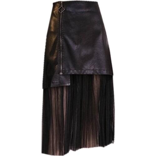CHIC 2021 Spring Autumn New Gauze Patchwork Faux Leather European Women Zipper A-line Midi Skirts