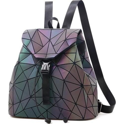 Women Backpack Luminous Geometric Plaid Sequin Female Backpacks For Teenage Girls Bagpack Drawstring Bag Holographic Backpack