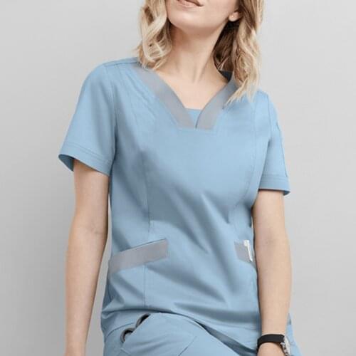 Women Short Sleeve Beauty Uniform V-neck Scrubs Tops Spa Uniform Health Workers Working Scrub Tops Nurse Gorro Enfermera 2021