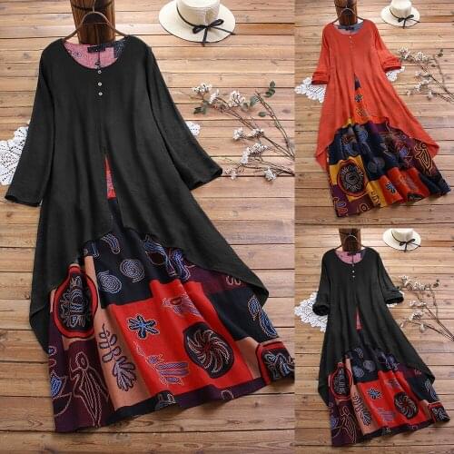 0252 Dress Women Fashion Chic Street Round Neck Cotton Linen Irregular Patchwork Printing Fake Two-Piece Long Sleeve Vestido