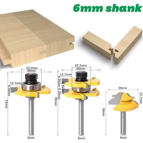 3Pcs 6mm 1/4 Shank Tongue & Grooving Joint Router Bit 45 Degree Lock Miter Router Set Stock Wood Cutting