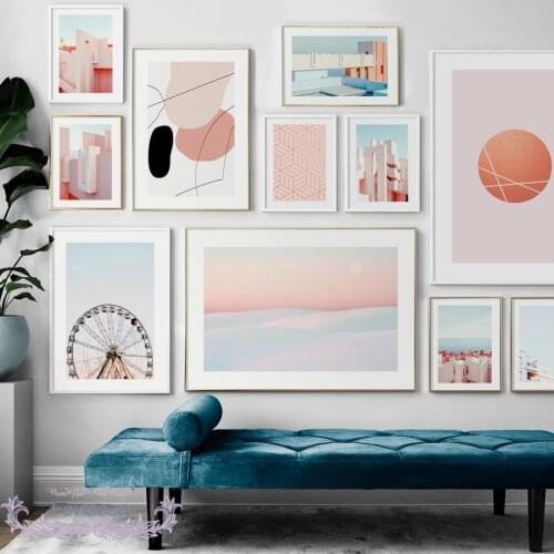 Abstract Geometric Building House Poster Ferris Wheel Sunrise Desert Scenery Wall Art Canvas Painting Nordic Decorative Picture