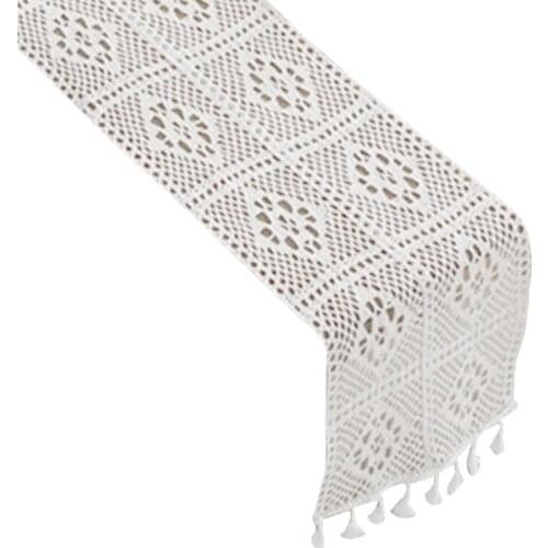 9 Sizes Beige Crochet Lace Hollow Boho Table Runner with Cotton Tassel Mesh Tablecloth for Rustic Wedding Festival Xmas