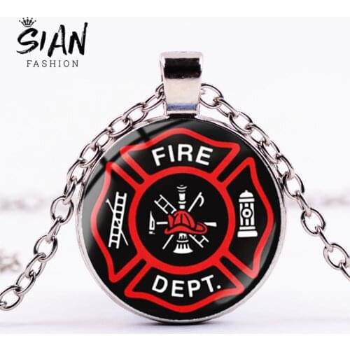 SIAN New Fashion Gift for Firefighter Necklace Fire Fighter Honor Badge Crystal Pendant Link Chain Men Women Statement Necklace
