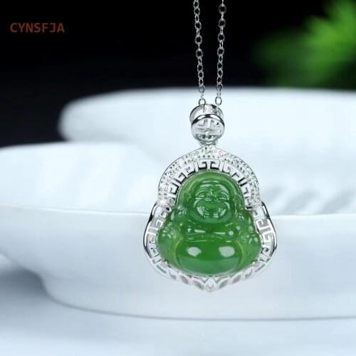CYNSFJA Real Rare Certified Natural Hetian Jade Jasper 925 Sterling Silver Lucky Amulets Buddha Green Jade Pendant Best Gifts