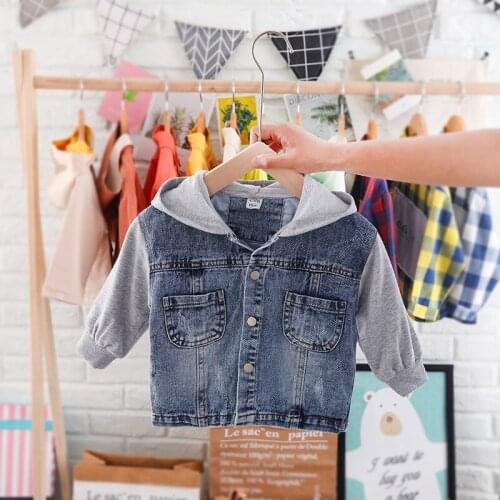 Childrens Denim Jackets 2 3 4 5 6 Years Baby Boys Hooded Jackets Kids Patchwork Cowboy Coats Toddler Girl Casual Hooded Coats