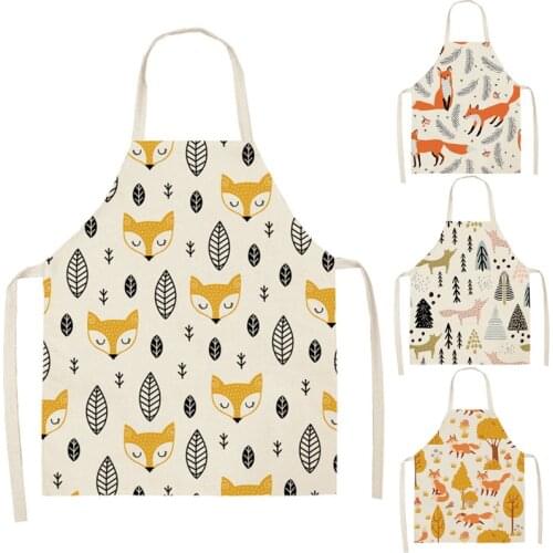 Leaves Fox Cat Pattern Apron Woman Adult Children Sleeveless Cotton Linen Bibs Cooking Baking Cleaning Tools TCWQ15