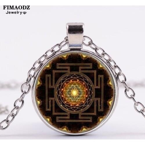 FIMAODZ Vintage Sri Yantra Mandala Necklace Sacred Geometry Chakra Om Yoga Glass Pendant Chain Jewelry for Men Women