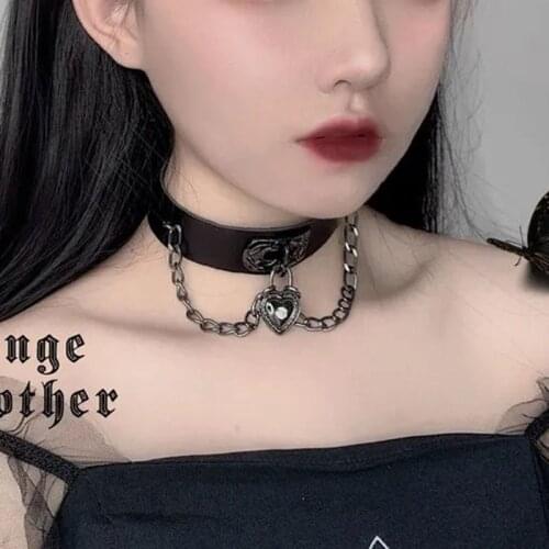 Gothic Heart Chain Leather Choker Necklace For Women Black Adjustable Necklace Collar Harajuku Cosplay Hip Hop Punk Jewelry Gift