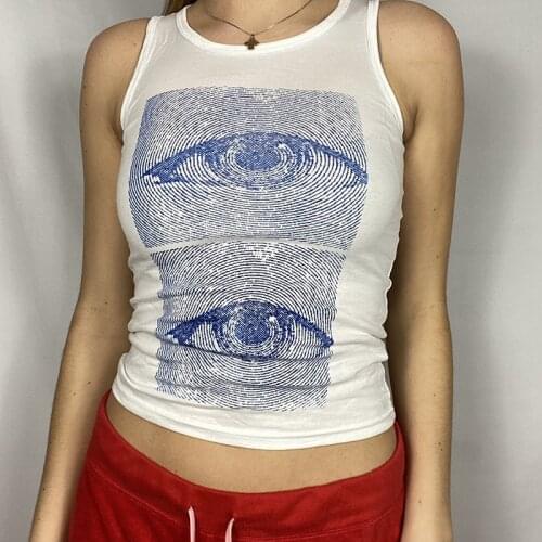 Women Round Neck Tank Tops Ladies Female Sleeveless Eyes Pattern Printed Vest Slim Summer Casual Fit Camisoles Tops
