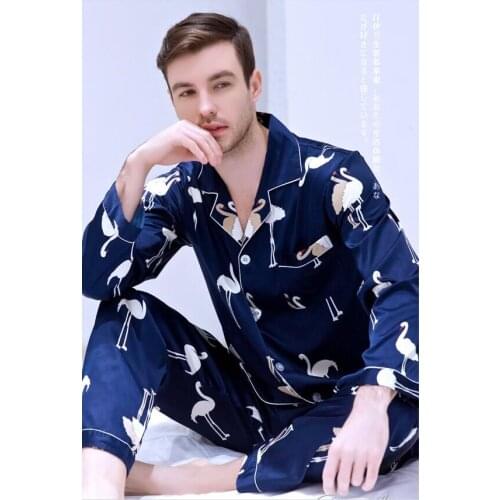 Mens Long-sleeved Suit Set Household Clothes Ice Silk Satin Leisure Sleepwear Students Plus Size All Seasons Nightwear J042