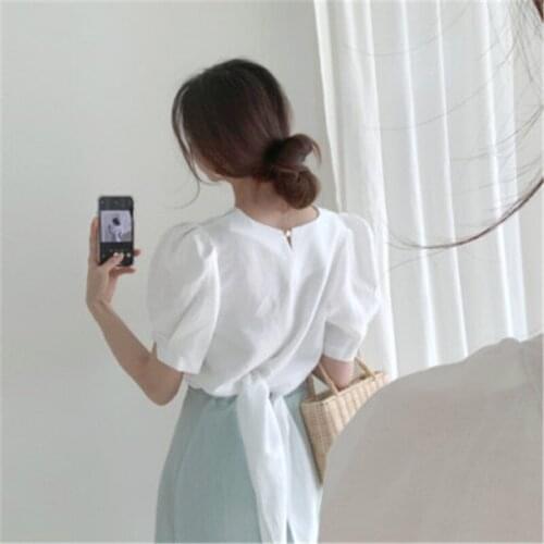 2020 New Arrivals Summer Women Tunic Korean Chic O-neck Back Lace-up Puff Sleeve Temperament T-shirt Short Tops Verano