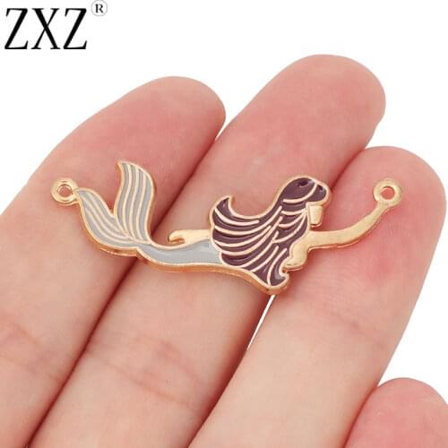 ZXZ 5pcs Gold Tone Enamel Mermaid Connector Charms Pendants for Bracelet Necklace Earring Jewelry Making Findings 45x15mm