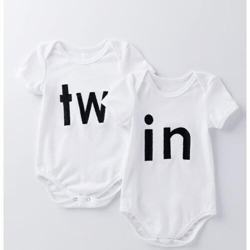 Twins Newborn Baby Boys or Girls Casual Clothing for Toddler Kids Romper Cotton Costumes Embroidery TW & IN Short Sleeve Clothes