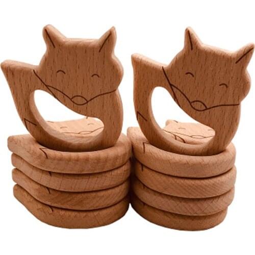 New Wooden Teether Rodent Cartoon Animals 10pcs Fox Wooden Teething Ring DIY Teething Toys For Teeth Baby Teethers Gift