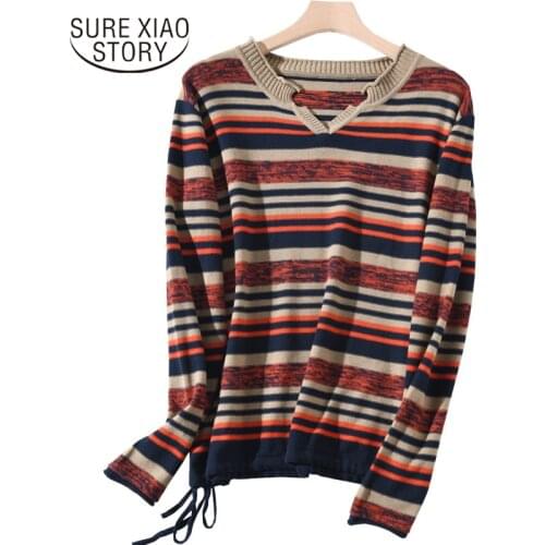 Winter Clothes Women V-neck Knit Pullovers Autumn 2020 Cotton Korean Style Long Sleeve Stripe Women Sweaters Office Lady 6679
