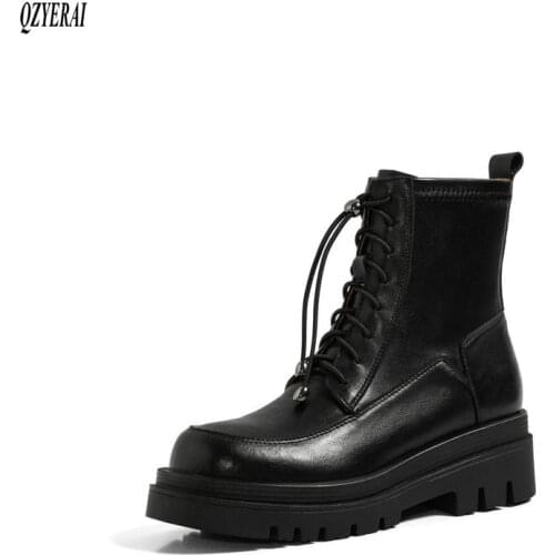 QZYERAI black Riding boots Genuine leather Female boots Womens boots lace-up Autumn and winter Womens shoes Size 34-40