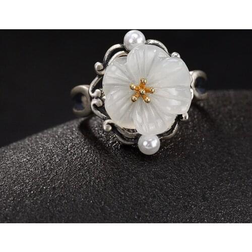 S925 Pure Silver Inlay Ways Hetian Jade White Jade Pearl Plum Opening Ring Ring Wholesale