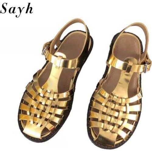 Women Retro Sandals Flats Hollow Out Casual Shoes Summer Buckle Sandals Ankle Strap Weave Gold Shoes Rome Shoes