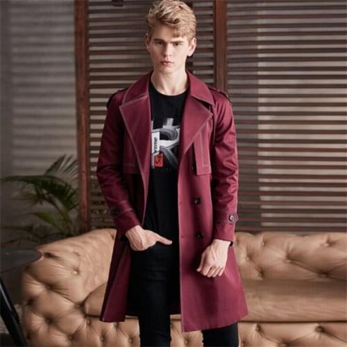 Mid-length trench coats mens windbreaker long-sleeved large size red autumn new double-breasted large lapel fashion contrast