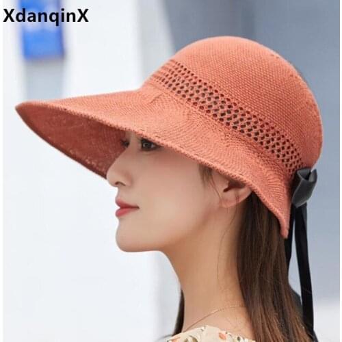 XdanqinX New Summer Panama Womens Hat Bow Decoration Oversized Sun Visor Sunscreen Breathable Sun Hat Women Straw Hat Beach Hat