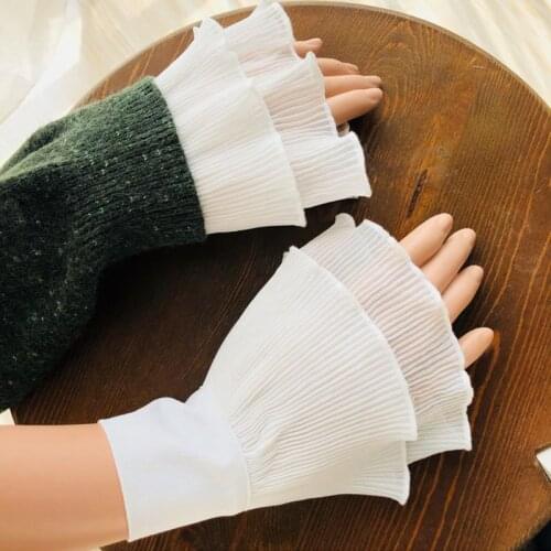 Japanese Women Layered Ribbed Striped Horn Cuffs Agaric Ruffles Wrinkled Solid Color Detachable Fake Sleeve Wrist Warmer