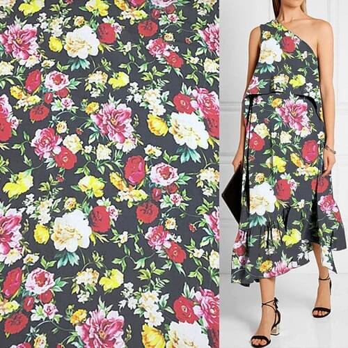 Colorful floral print pure silk fabric silk chiffon fabric black background sheer,SCF135